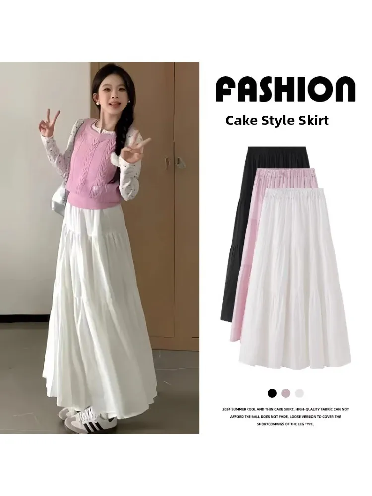 

White Cake Skirt Midi A-Line Half Skirt plus Size High Waist Soft Spring Autumn Large Women's Clothing Premium Quality