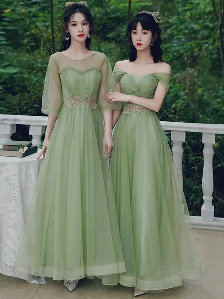 5 Styles Green Bridesmaid Dresses Elegant Off Shoulder Applique Wedding Sisters Group Gown Classic Tulle Girls Party Dresses