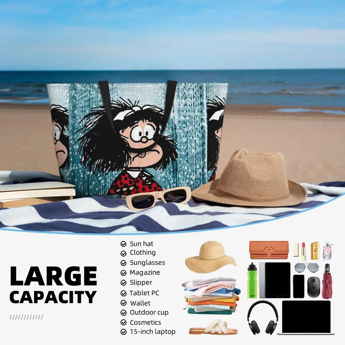 Mafalda Borsa tote da spiaggia carina Sport Palestra Yoga Borsone Borsa tote grande Borsa da viaggio da donna Borsa fitness