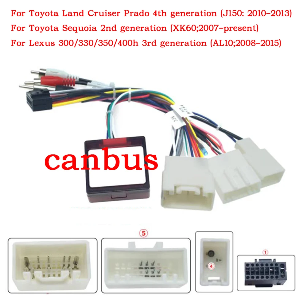 Car Audio DVD Player 16PIN Android Power Cable Adapter With Canbus Box For Toyota Prado/Sequoia/Lexus 330/350 Wiring Harness