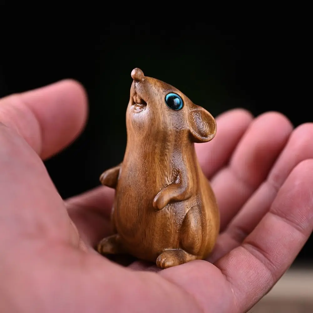 Crafts Wood Carved Zodiac Mouse Statuette Cute Funny Hamster Statue Decorative Animal Figurine Sculpture Birthday Gift