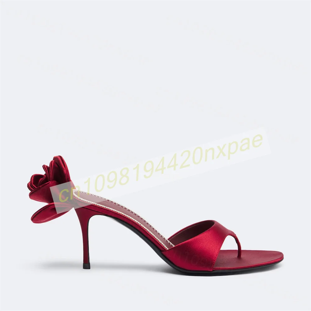 Women Red Satin Thong Mule Sandals Flower Decor Stiletto Heels Slip On Open Toe Slide Slippers Elegant Wedding Dress Shoes 46 view 4