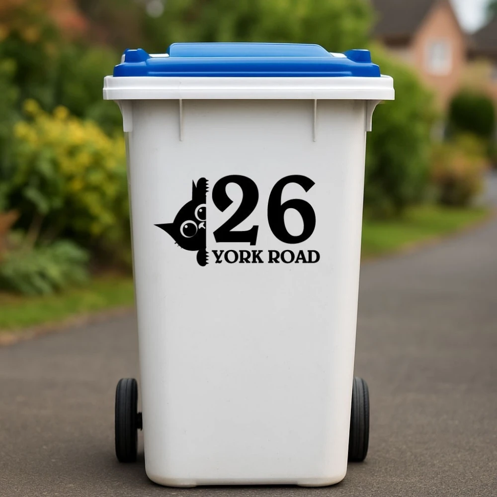 

3x Customized Wheelie Bin Decal with Cat Design - Door Number & Street Name Sticker