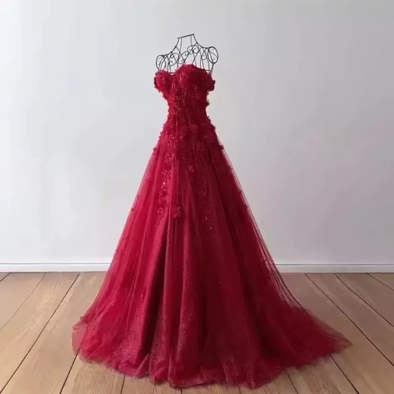 

2025 New Women's Strapless Dreamy Purple Light Gauze Evening Dress, Fashionable Floor High Waist Slim Fit Bridesmaid Dress