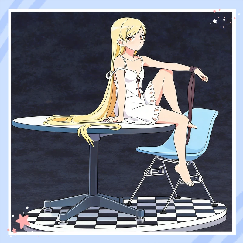 

Anime Figure Kizumonogatari Oshino Shinobu Kiss Shot 12 Years Old Sitting On Desk 19cm Height Collectible Model For Anime Fans