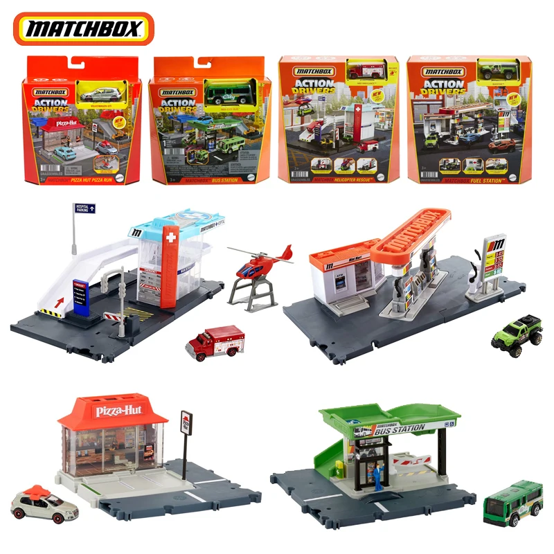 Original Matchbox Action Drivers City Car Diecast 1/64 Bus Station Fuel Pizza Helicopter Rescue Volkswagen Kids Toy for Boy Gift