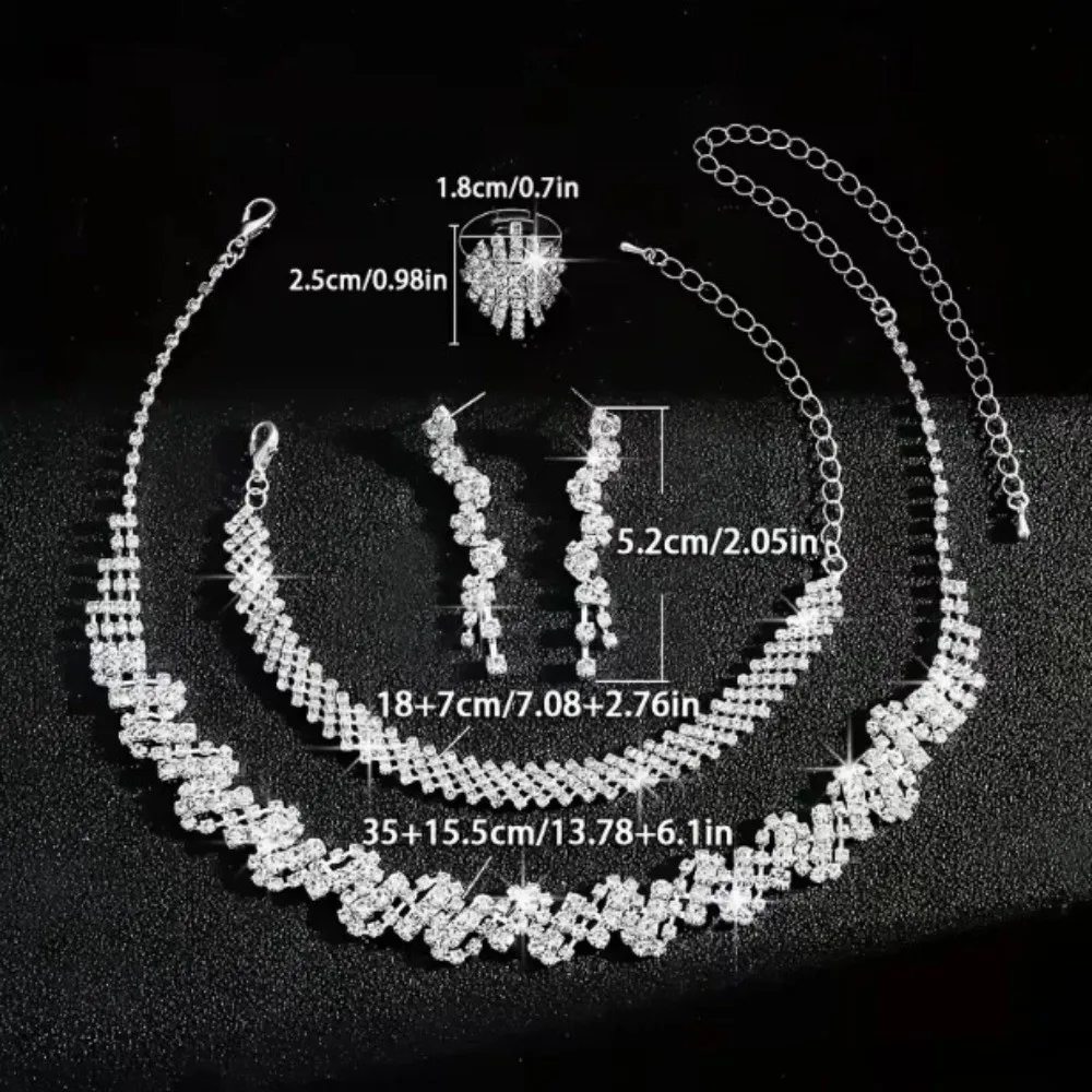 Alloy Rhinestone Jewelry Set Irregular Silver Necklace Bracelet Earrings Ring Sparkling Shiny Rhinestone Bridal Jewelry Set Prom