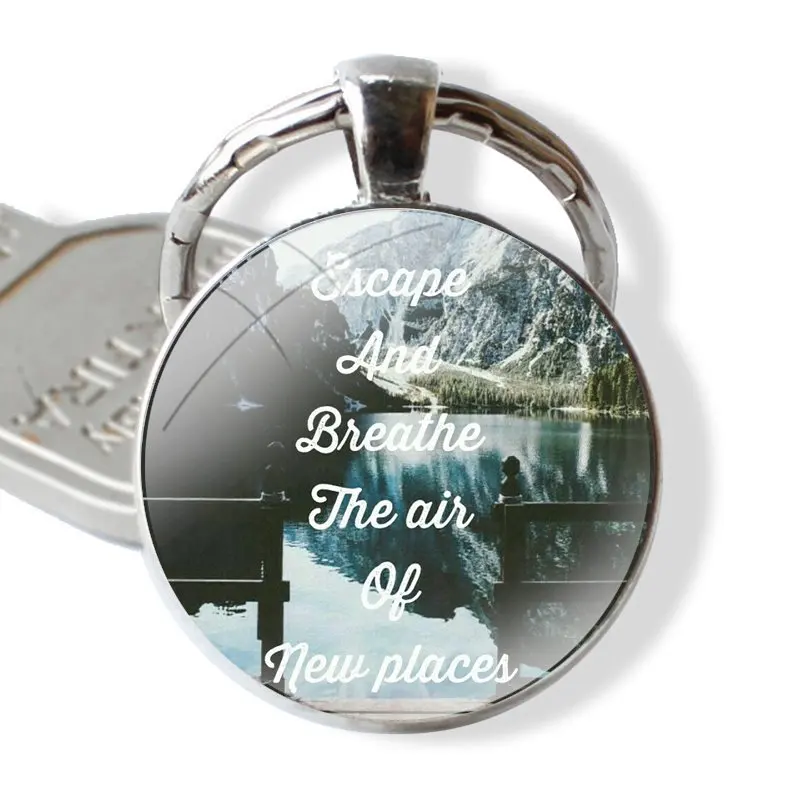 Beach Mountain bule sky 25mm Glass Cabohcon Keychain Key Rings for Women Men Jewelry Gift