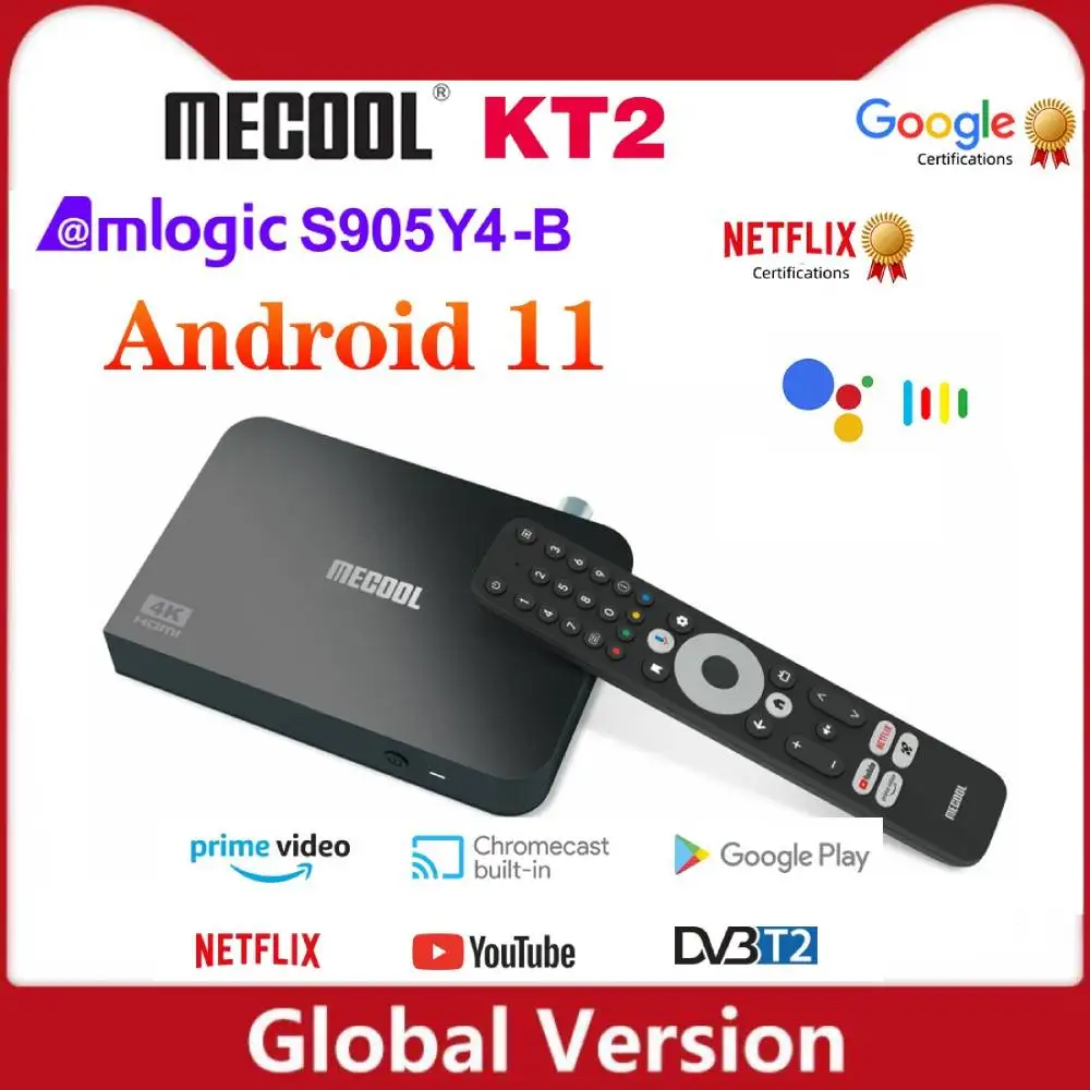 Mecool KT2 Android 11 TV Box Amlogic S905Y4-B Google Netflix Certified Support DVB-T2/T 2T2R Wifi 4K Android 11.0 Set Top Box