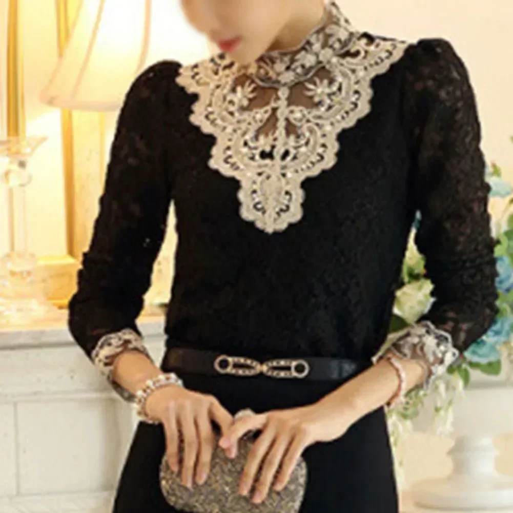 Women Lace Blouse Elegant Formal Embroidery Long Sleeve Shirts Office Lady Flower Hollow Fashion Female Chemise Top Clothing