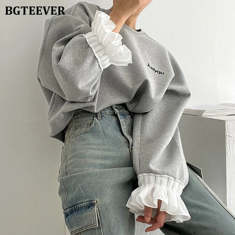 BGTEEVER Vintage O-neck Letter Female Pullovers Spring Patchwork Flare Sleeve Women Sweatshirts Ladies Tops