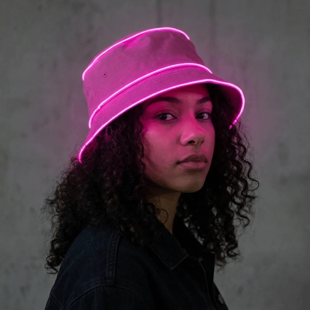 Fashion Battery Powered LED Bucket Hat Colorful Flashing Modes Luminous Hat Solid Color Grow in Dark Flashing Glow Hat Cosplay