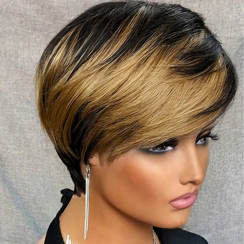 Short Pixie Cut Straight Human Hair Wig with Bangs