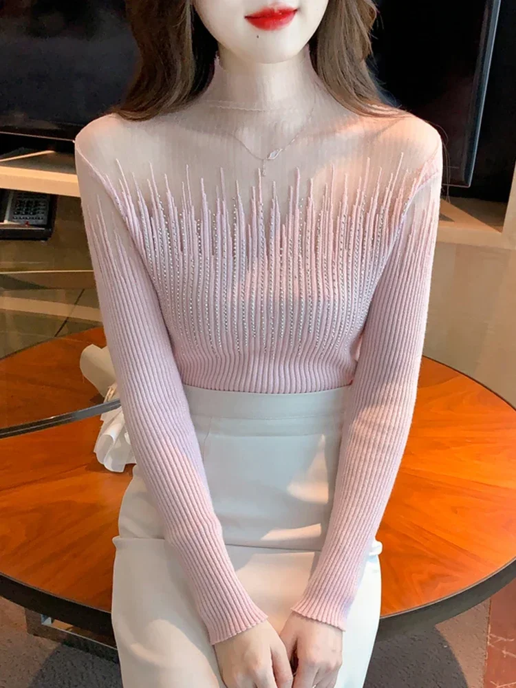 

2023 Fashion Korean Knit Sweaters Women Hollow-out Half Mock Neck Long Sleeve Knitwear Femme Solid Basic Slim Pullover