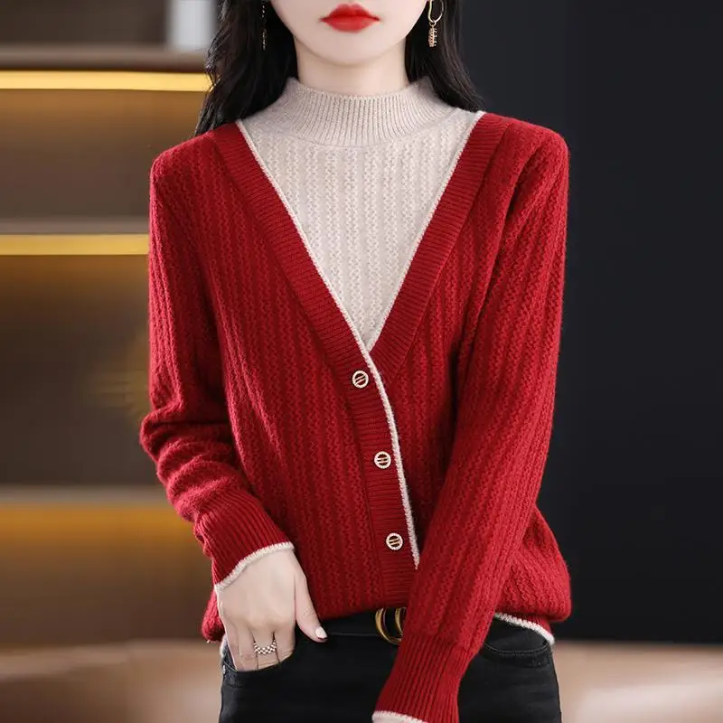 2023 Autumn Winter New Half High Neck Sweater Women Contrast Button Korean Simple Loose Splice Fake Two Piece Long Sleeve Tops