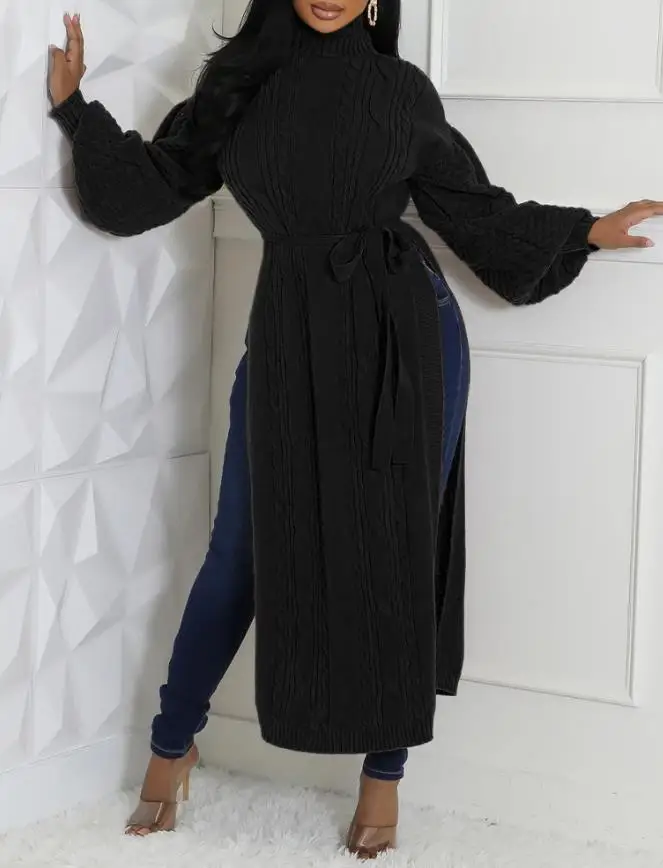 المرأة نمط طويل البلوز كابل محكم عالية الرقبة فانوس كم ربطة القوس فيونكة الخصر سترة عادية عالية الشق متماسكة الخطوط الطويلة