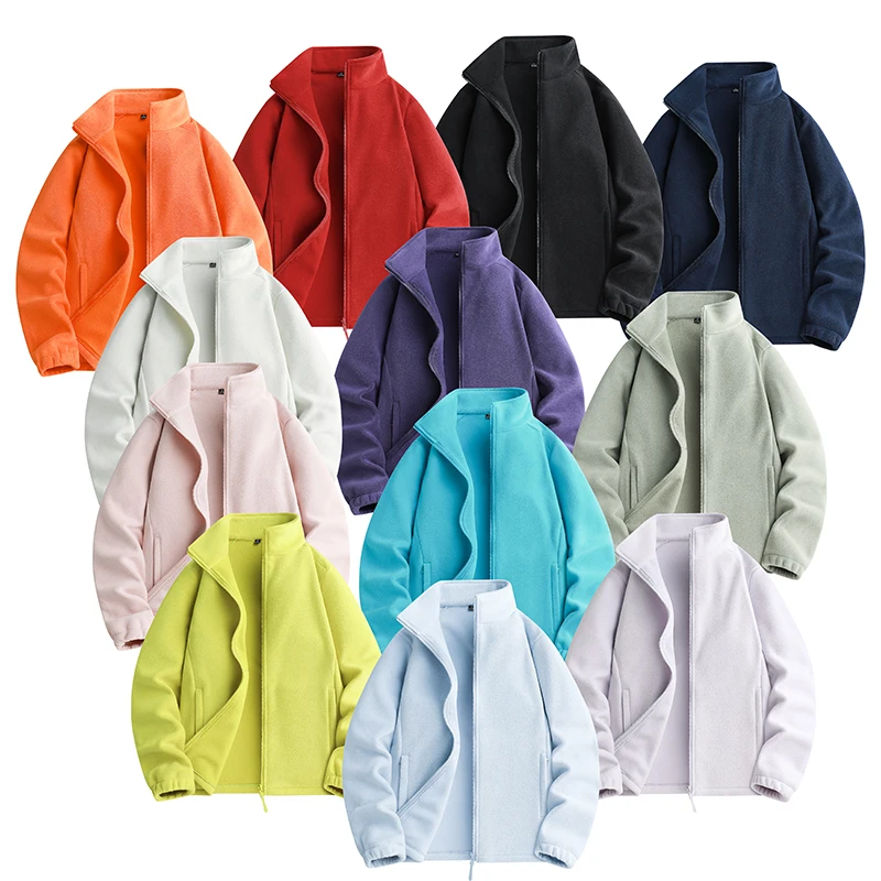 Men's Fleece Jacket Stand Collar Full Zip Warm Solid Color Casual Outdoor Coat Loose Outerwear
