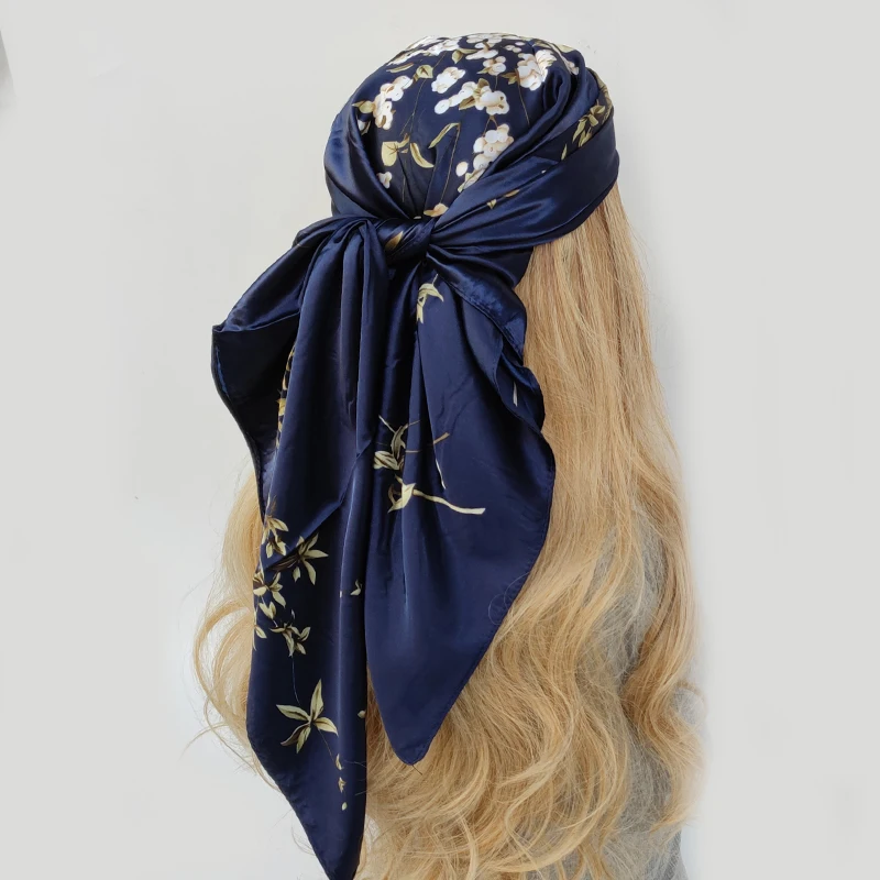 Silk Head Scarf Women Luxury Fashion Hair Scarve Beautiful Foulard Soft Satin Shawl Kerchief 90cm Square Neck Headscarf Bandana