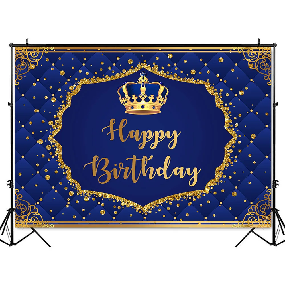 Royal Blue Birthday Backdrop Gold Glitter Dots Photo Booth Background Happy Birthday Blue Crown Prince Theme Party Decoration