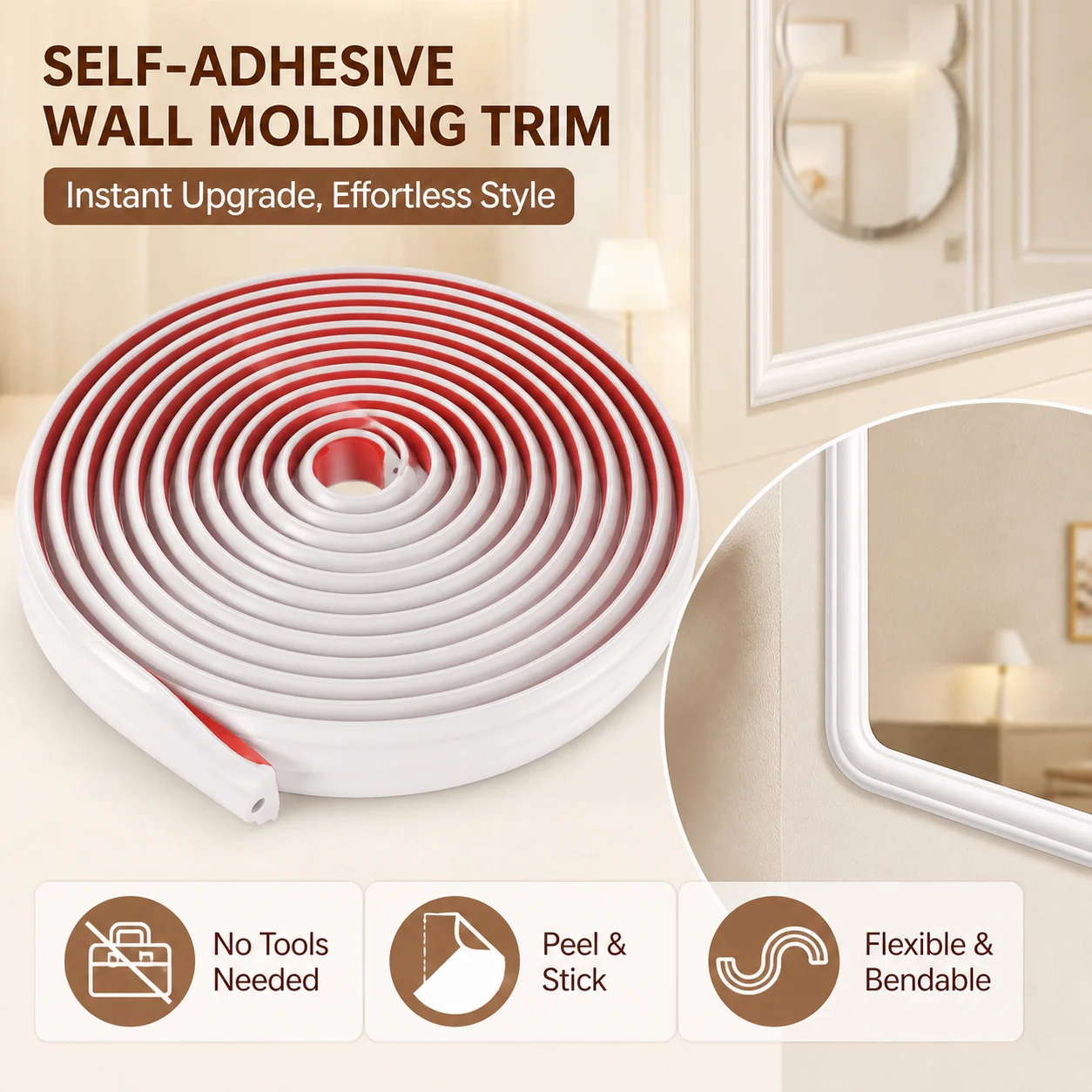 Self Adhesive Wall Molding Trim Flexible TPE Rubber Strip Peel and Stick Baseboard for Room Accent Wall and Furniture Edging