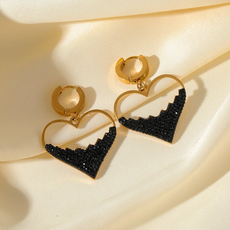 EILIECK 316L Edelstahl Großes Herz Funkelnder Schwarzer Stein Halskette Ohrringe Set für Damen Neues Partygeschenk Wasserdichter Schmuck – Detail 9