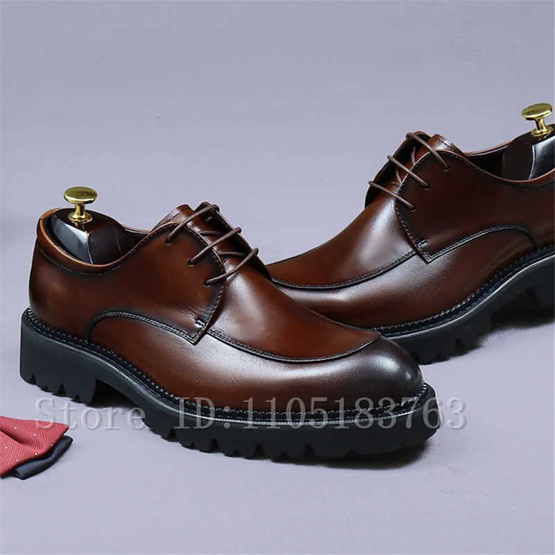 

Men's Brown Black Polished Leather Derby Shoes Thick Sole Lace-Up Formal Dress Shoes for Business & Daily Wear