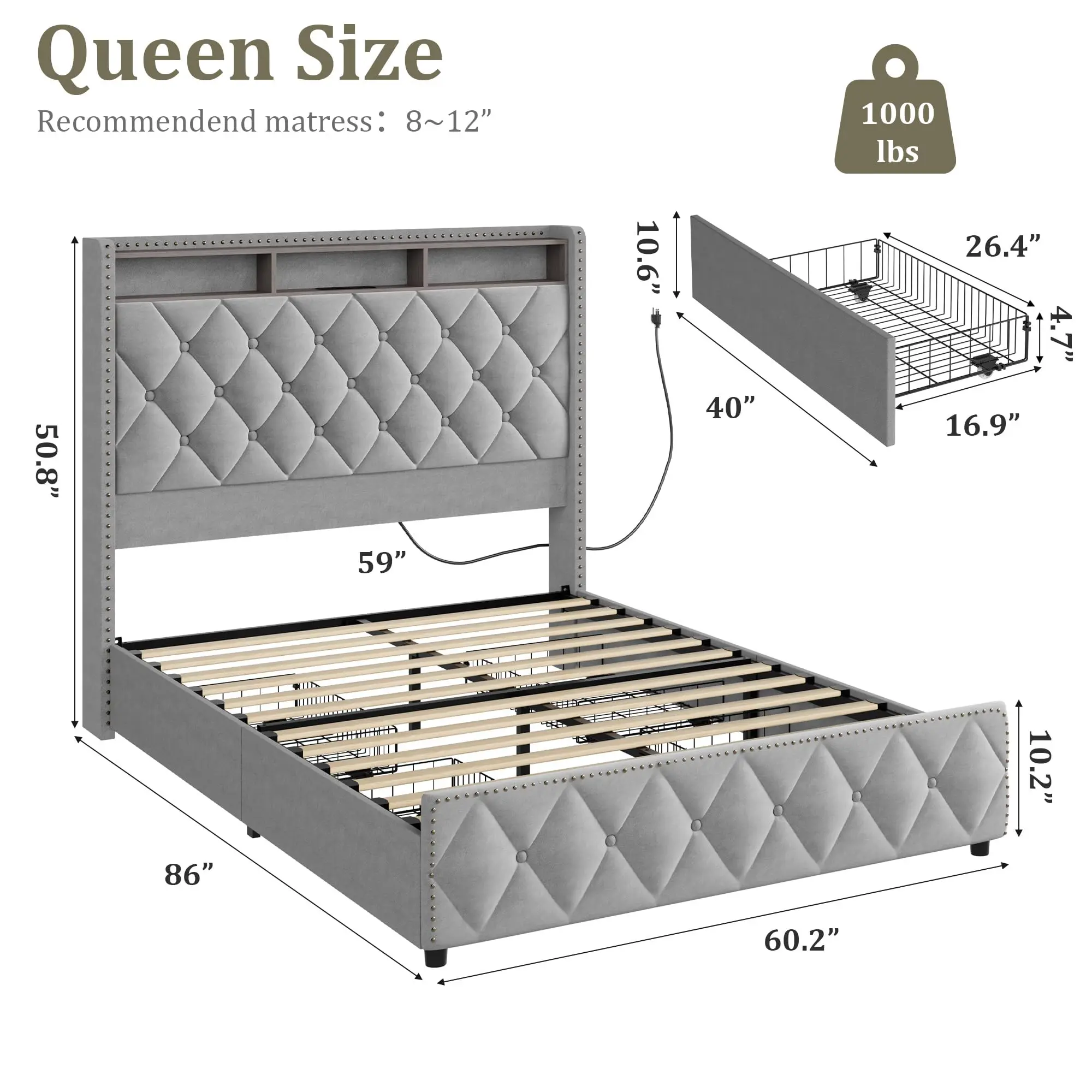 Queen Upholstered Platform Bed Frame with 50.8