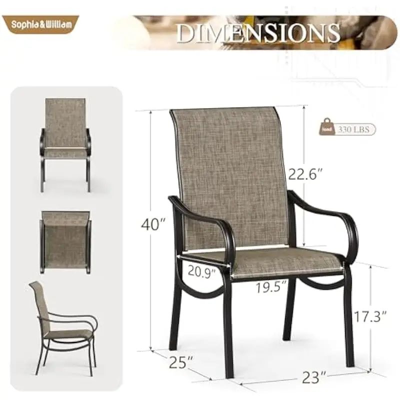 Ergonomic high-back outdoor dining chairs set of 8 with S-curve armrests textilene mesh seats powder-coated black metal frames w