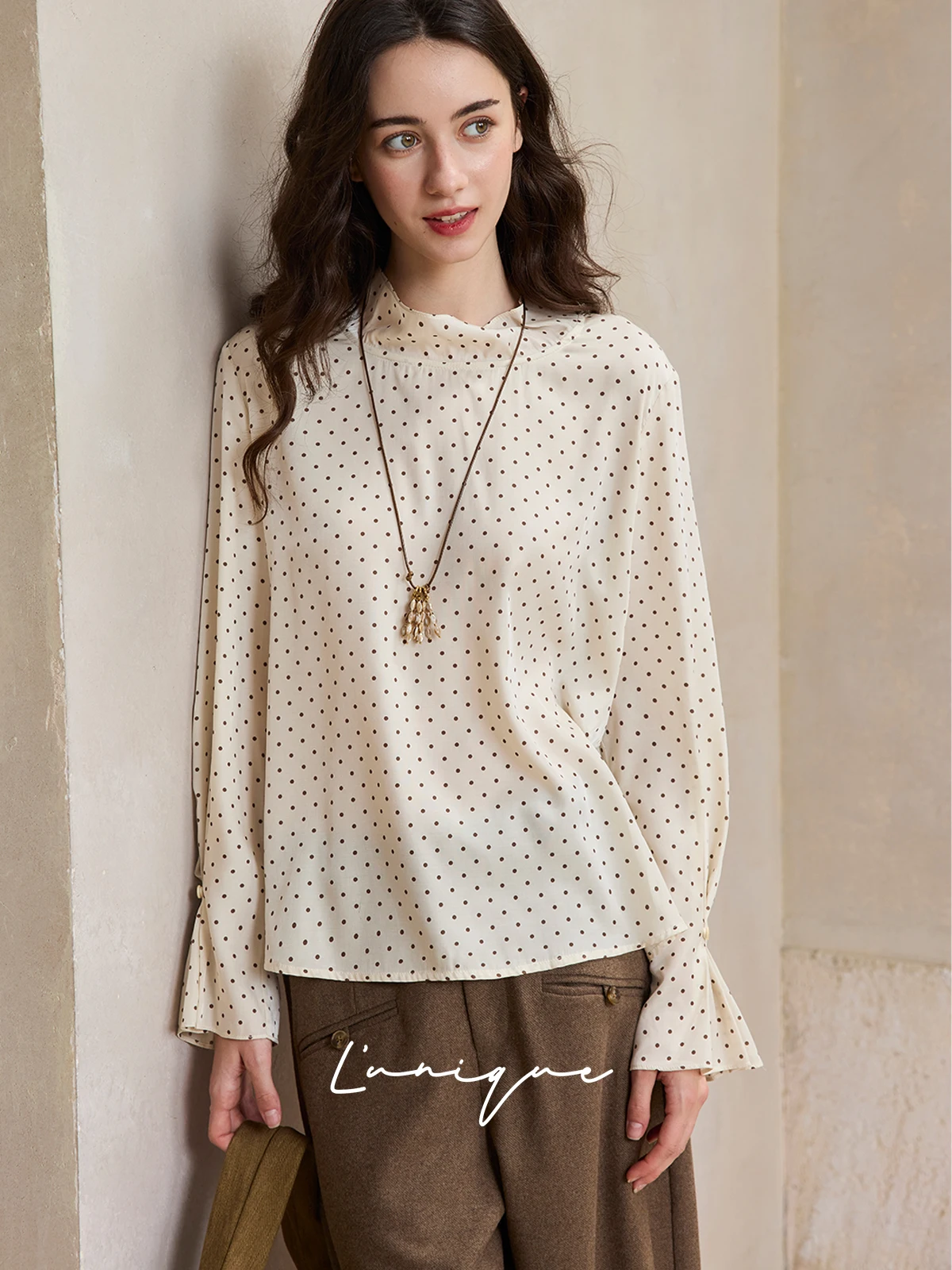 

Женская модная прямая юбка Lunique в стиле ретро с длинными рукавами, в горошек, двусторонняя, с микро-расклешением, из тонкого регенерированного волокна