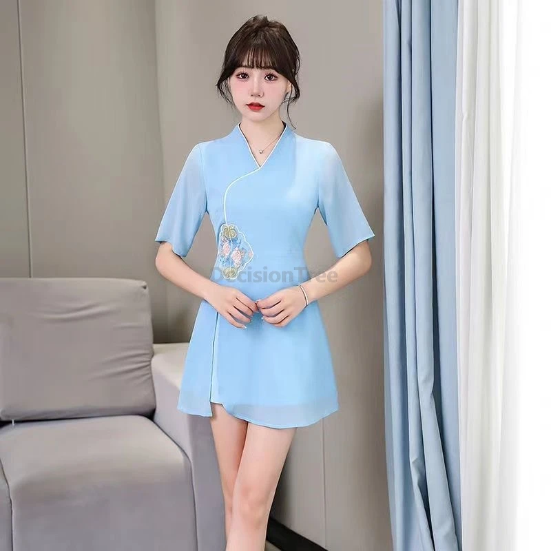 2025 fairy embroideried improved qipao outfit elegant Beautician daily work uniform health preservation sauna spa uniform