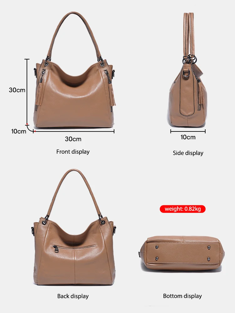 Zency Genuine Leather Hobo Bag Handbag Women Large Capacity Shoulder Bag Big Capacity Double Zipper Tassel Luxury Ladies Bag