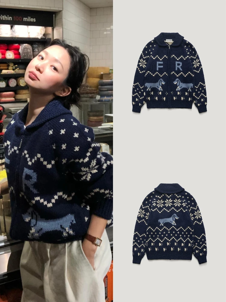 

Far*en вязаный открытый кардиган женский свободный крой свитер на молнии с рисунком собаки ретро Sle длинное шерстяное пальто све