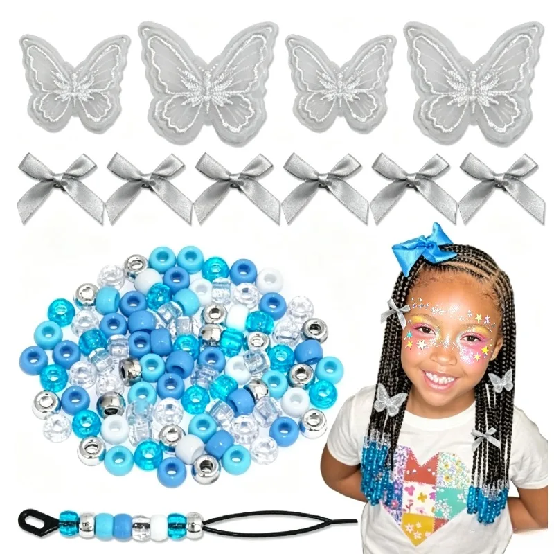 100pcsGradient Pink Hair Beads Kit with Bows&Butterfly Clips–Acrylic Pony Beads&Beader Tool for Box Braids,Dreadlock Accessories