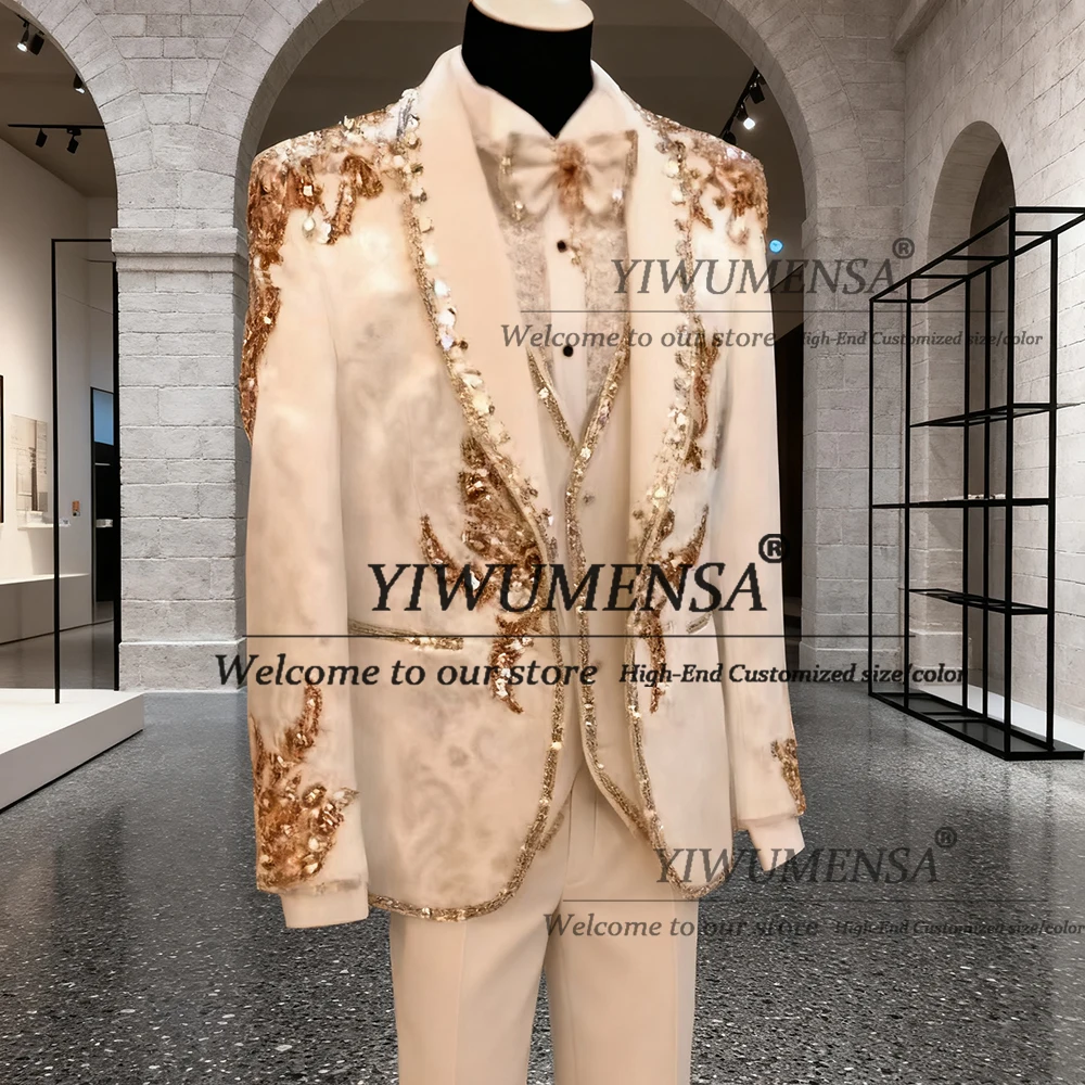 

Luxury Suits Men Diamond Beaded Jewelry Jacquard Prom Blazer Customized 3-Piece Groom Formal Banquet Party Tuxedos Ropa Hombre