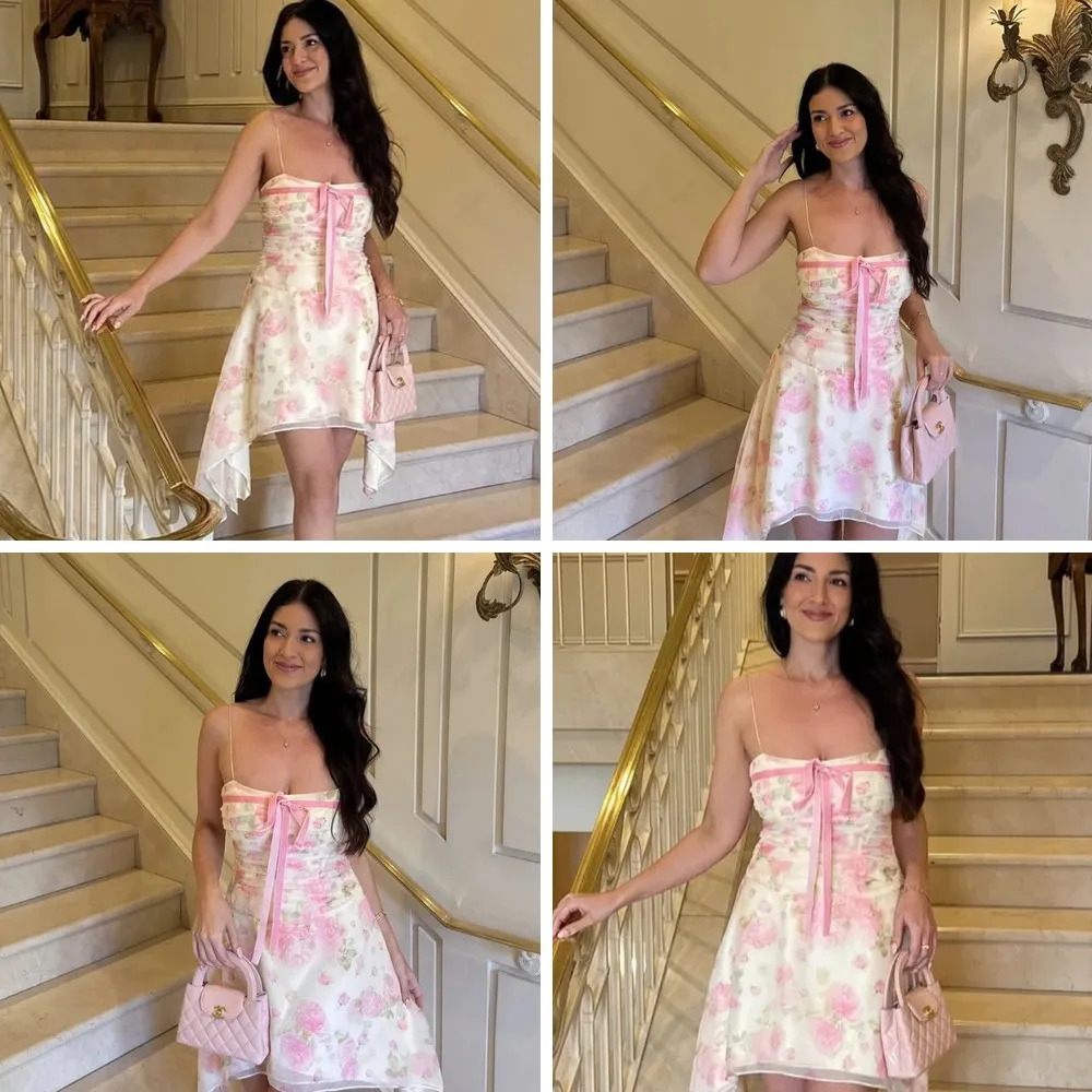 

Floral Print Sling Dress Women Sleeveless High Waist Bow Lace Up Mini Party Dress (72 Characters)