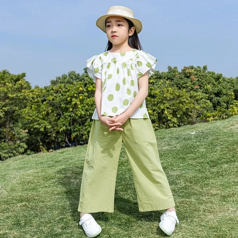 Korean Kids 2 Piece Sets Girls Polka Dot Short Sleeve Tops And Baggy Wide Leg Pants Ensemble Summer Fashion Children Conjuntos