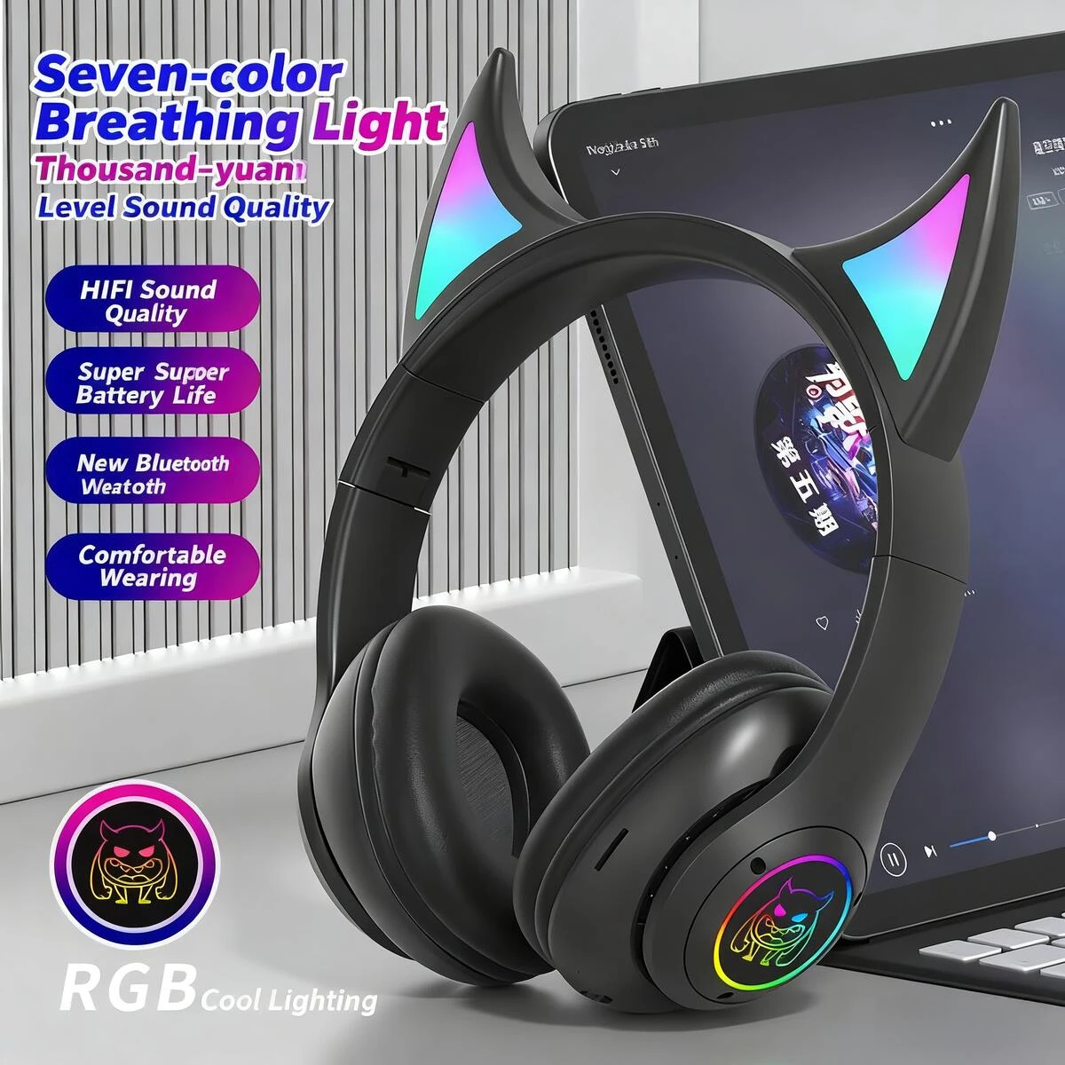 

Creative Devil Horn Style Bluetooth Wireless Headphones Foldable Colorful Light Support Memory Card Headsets For Kids Girl Gifts