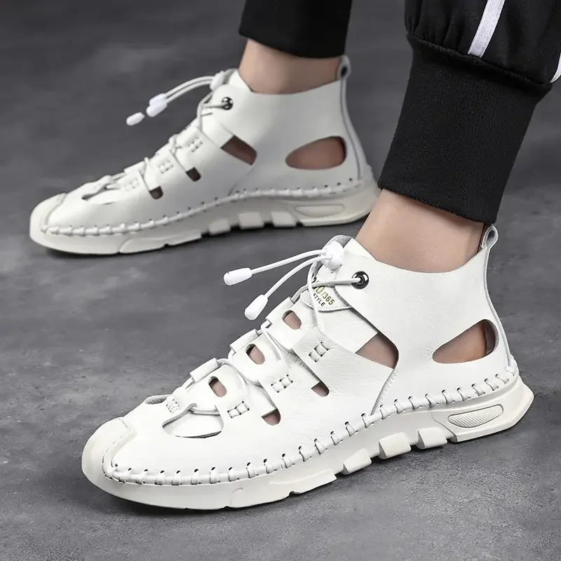 

Сандалии мужские высокие в римском стиле, однотонные кроссовки с круглым носком, легкие Нескользящие, короткие ботинки, ручная работа