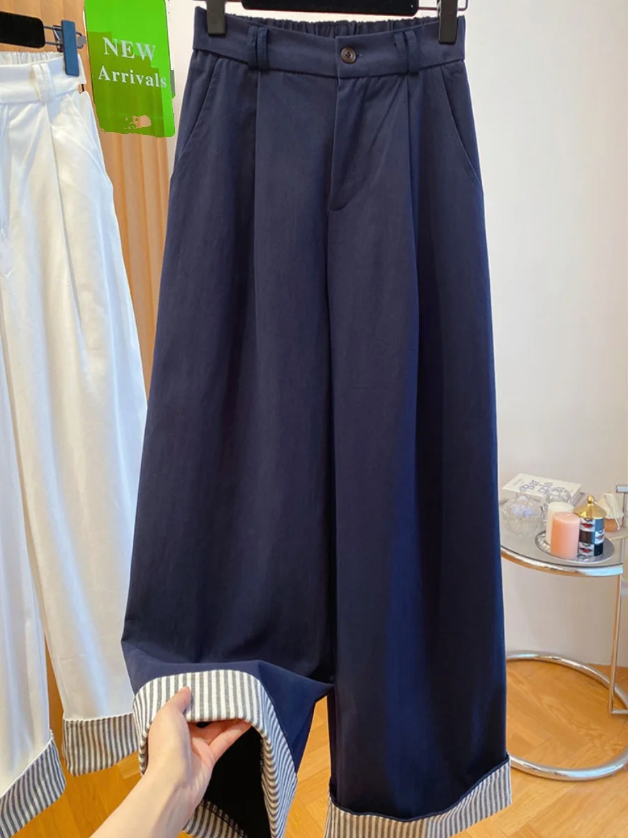

Ретро темно-синие прямые брюки с манжетами, женские осенние брюки в полоску с широкими штанинами, свободные брюки с высокой талией