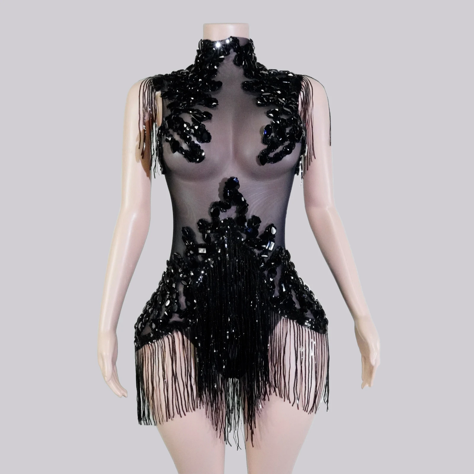 ショーガールコスチューム スパークルブラックラインストーン シースルーボディスーツ フリンジスパンコール ダンスウェア パフォーマンス ドラッグ ナイトクラブ セレブレート
