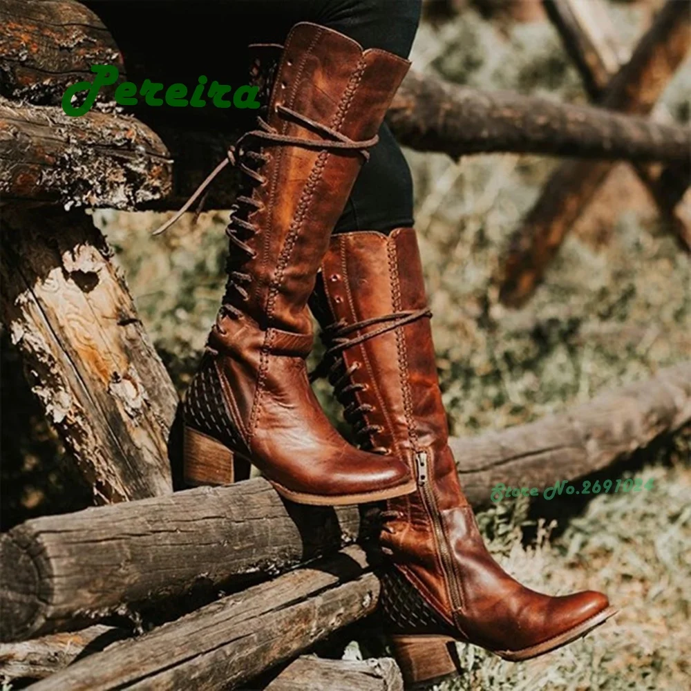 Vintage Cowboy Lace Up Men's Boots Gladiator Round Toe Cross Tied Chunky Heels Men's Casual Shoes Plus Size 43 Leather Street