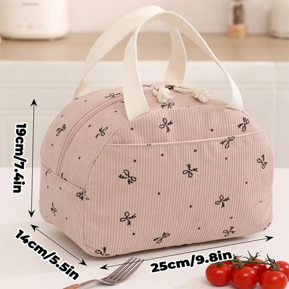 New Corduroy Lunch Bag Multi-functional Cute Bear Bow Cooler Bag Thermal Insulated Storage Handbag for School