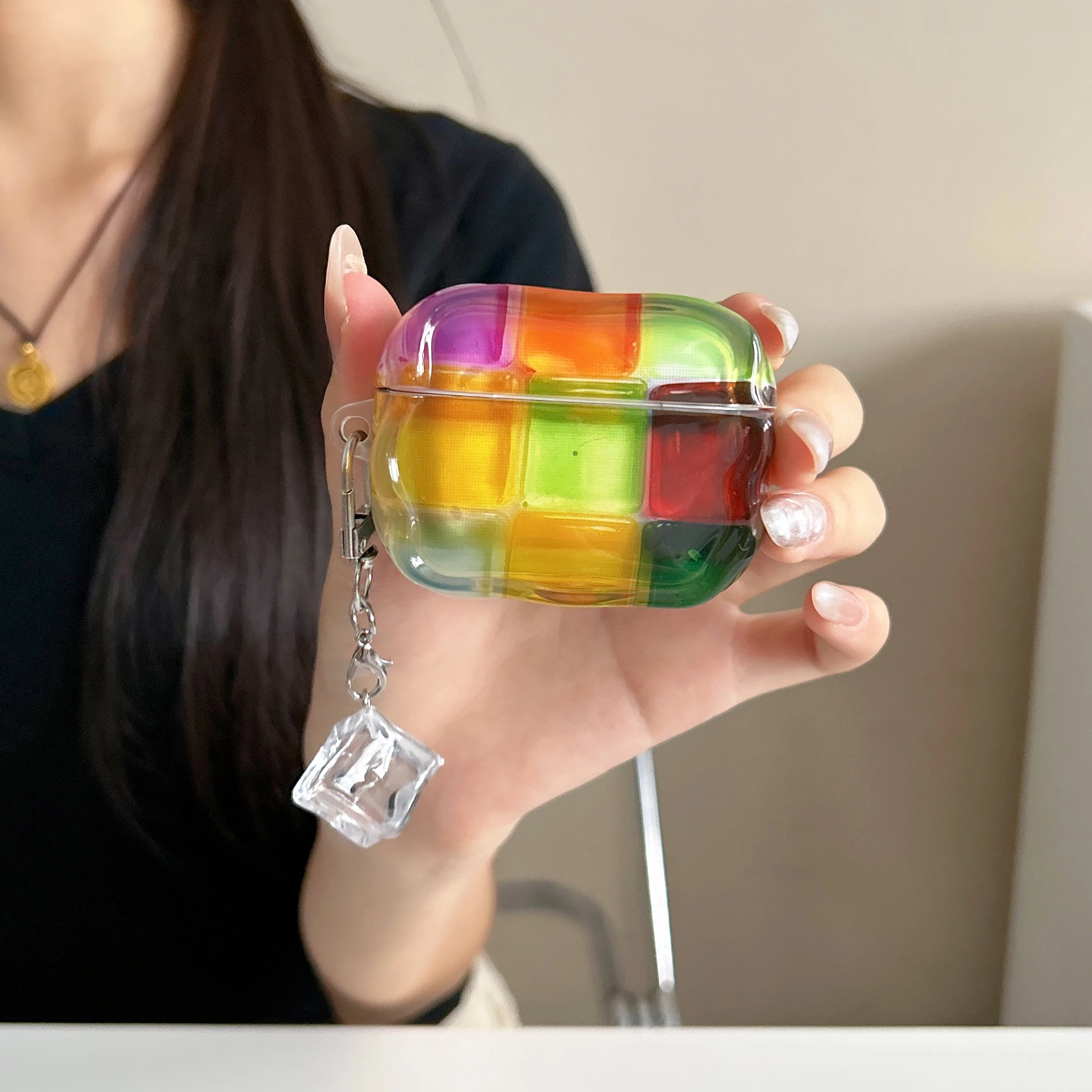 Summer Cool 3D Ice Cube Earphones Case Colorful Transparent Soft Silicone Shockproof Cover with Keychain for AirPods Pro 2/3/4