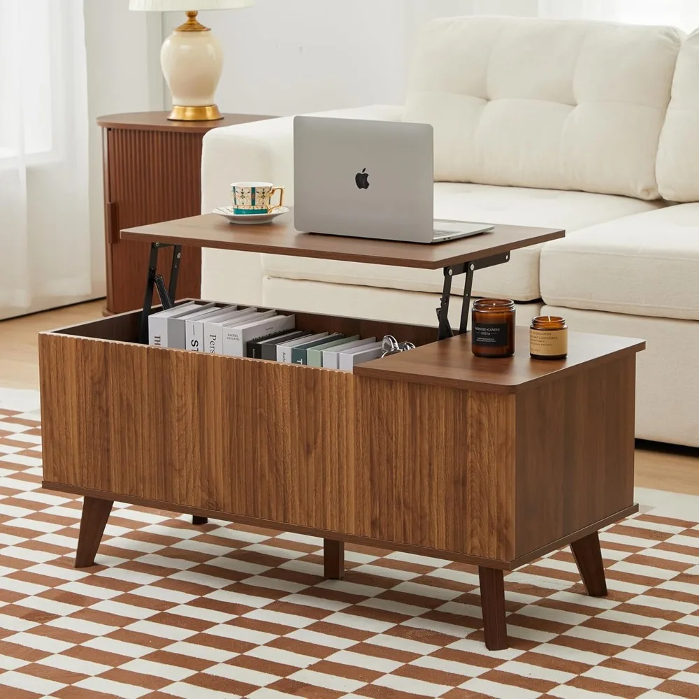 

Fluted Lift Top Coffee Table with Hidden Compartment, Modern Rectangle Center Tables with Adjustable Storage Shelf, Lift