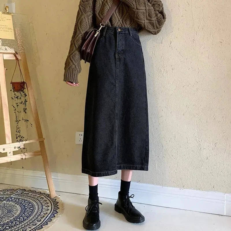 Lucyever Korean Chic Denim Midi Skirt Women 2022 Spring High Waist Simple Medium-long Skirts Vintage All-match Streetwear Skirt