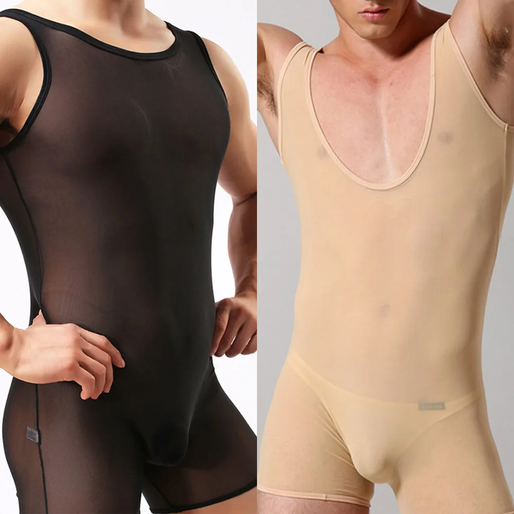 Men Gay Bodysuit Shapewear High Elastic Jumpsuit Male Transparent Erotic Playsuit Body Stocking Mesh Tank Tops Briefs