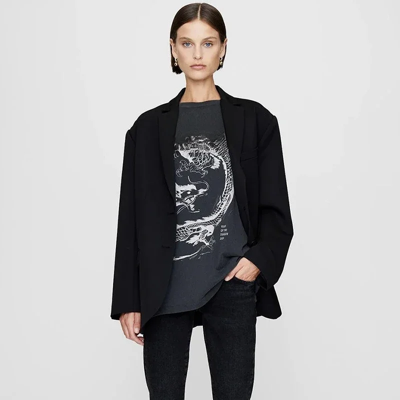 

Spring North Black and White Tenglong Printing Washing Water Frying Color Old Women's Short-sleeved T-shirt