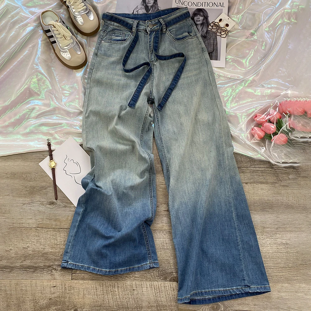Fashion Gradient Starry Diamond Jeans Women Spring Autumn High Waist Blet Straight Loose Denim Pants Female Wide Leg Jeans