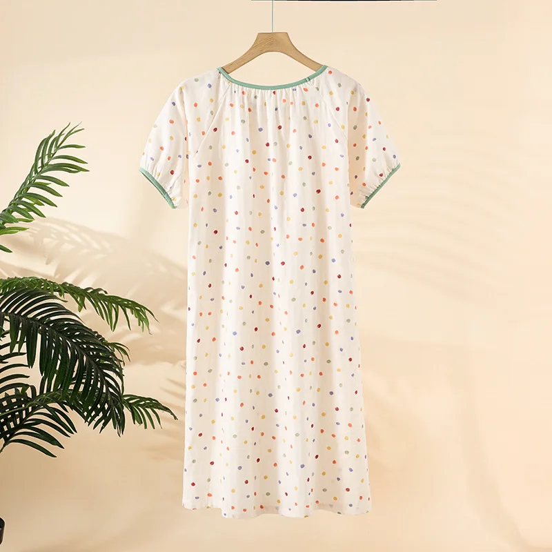 2026 New Summer Sleeping Skirt 100% Cotton Gauze Thin Style Wave Point Home Skirt Loose Round Neck Short Sleeve Sleeping Skirt