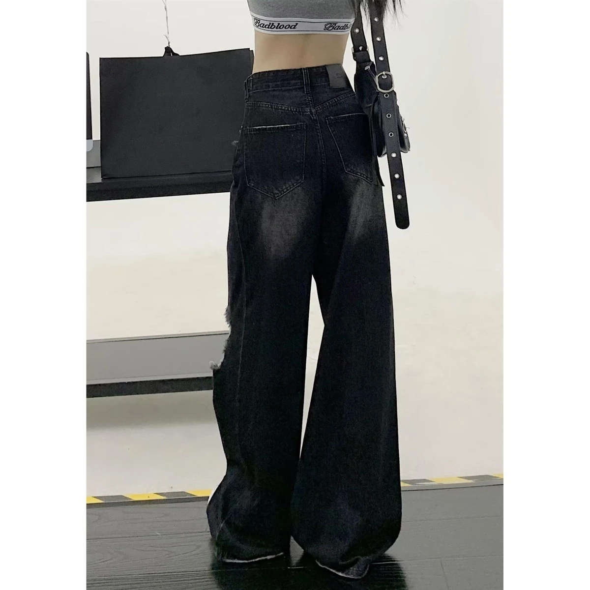 

High Waist Ripped Denim Pants Women's Summer New High Street Straight Loose Wide Leg Pants Floor Length Bla Pants Trendy